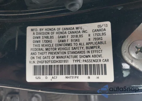 2013 Honda Civic Lx from USA, damaged, VIN 2HGFB2F53DH301951